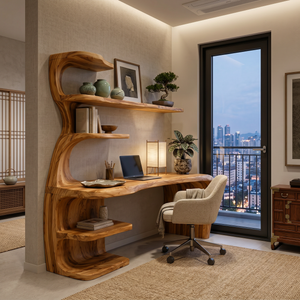 Wooden Desk With Built In Bookcase For Contemporary Workspace