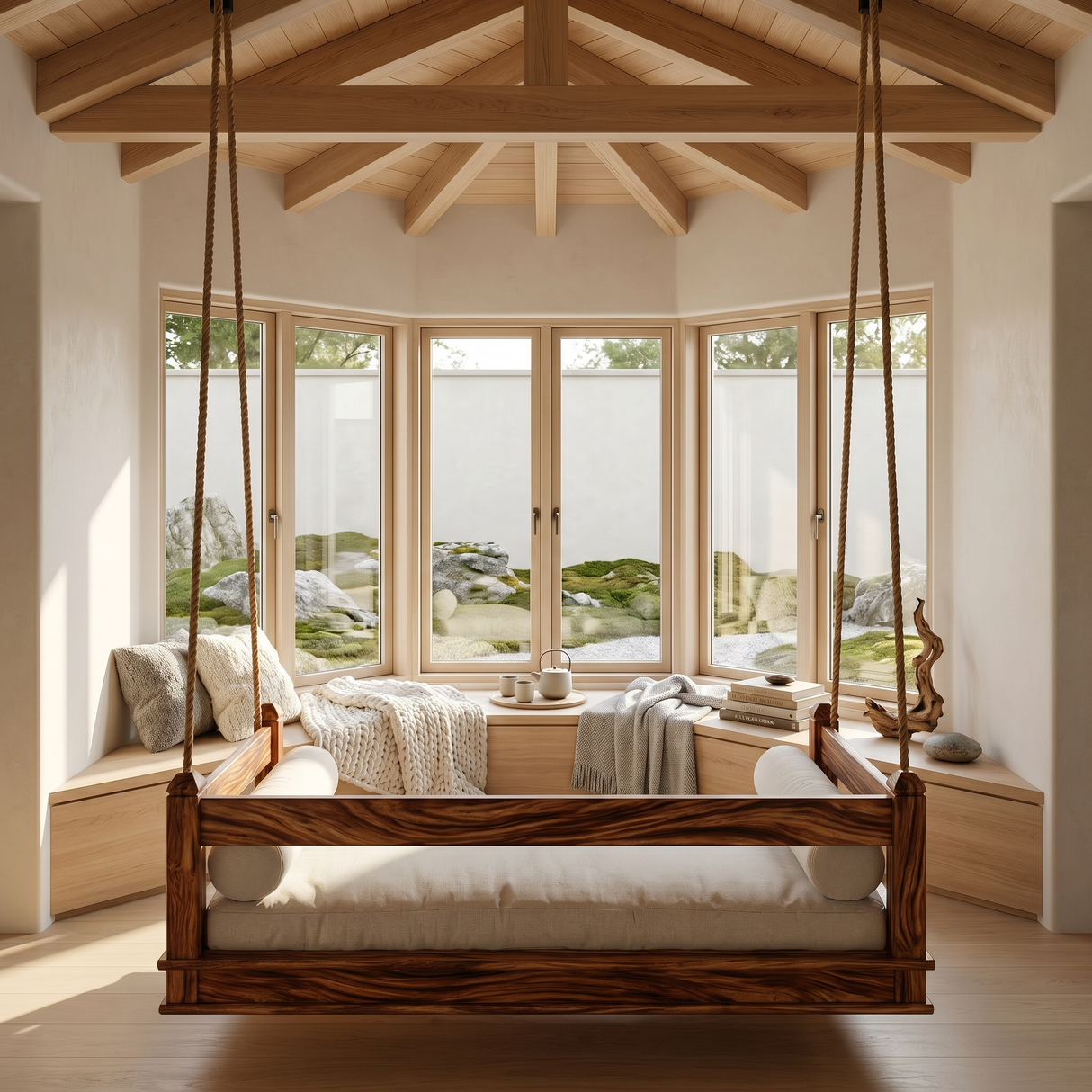 Mediterranean Wooden Hanging Daybed Swing Luxury Villa Patio