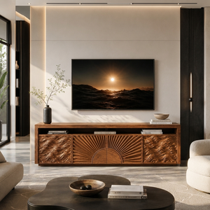 Luxury TV Stand With Sun And Ocean Carved Doors For Living