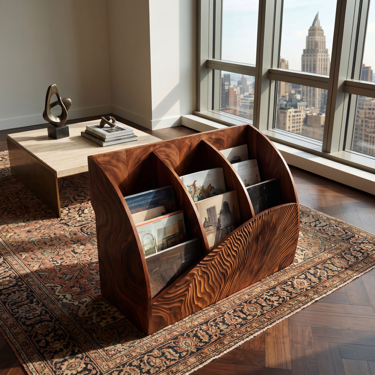 Contemporary Wooden Triple Section Magazine Rack For Living Room