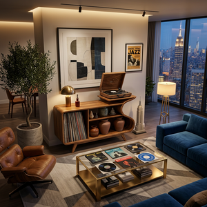 Wooden Record Player Cabinet With Integrated Shelving For Living Room