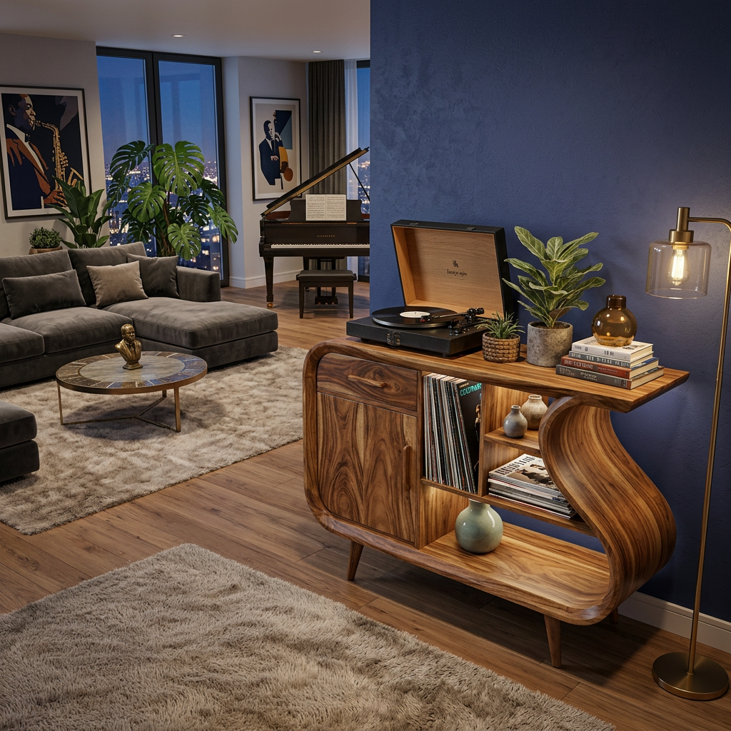 Modern Record Player Stand With S-shaped Side For Living Room