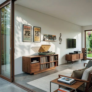 Elegant Vinyl Record Cabinet With Open Compartments For Living Room