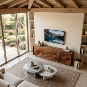 Organic TV Stand With Layered Mountain Carved Doors For Home