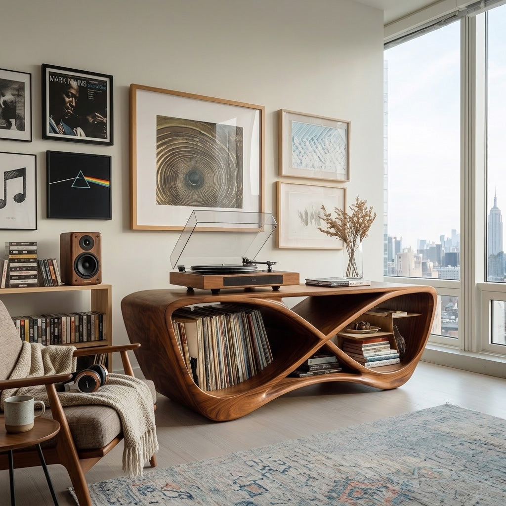 Contemporary Curved Wooden Record Player Console For Living Room