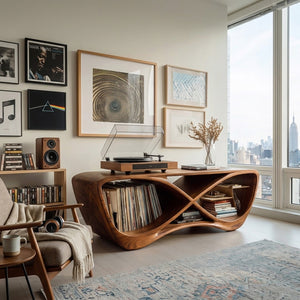 Contemporary Curved Wooden Record Player Console For Living Room