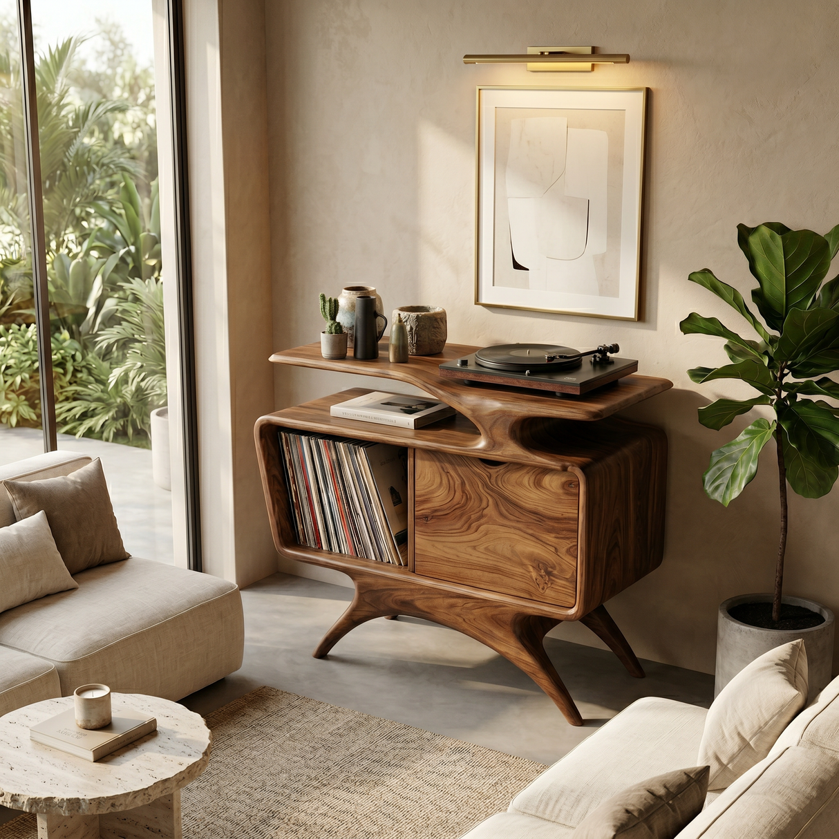 Handcrafted Wooden Record Cabinet With Shelving For Living Room