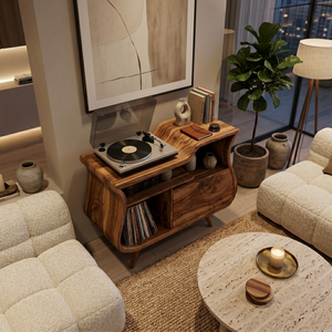 Rustic Wooden Record Storage Cabinet With Drawers For Living Room