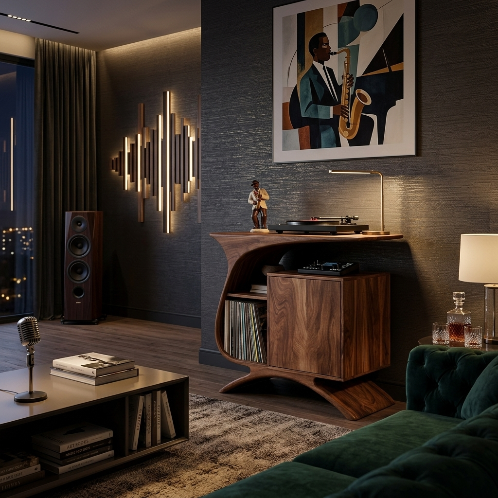 Wooden Record Player Stand With Sculptural Form For Entertainment Room