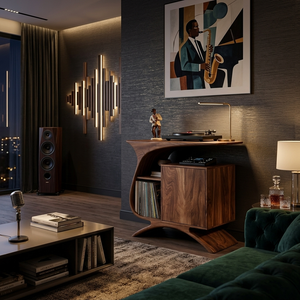 Wooden Record Player Stand With Sculptural Form For Entertainment Room