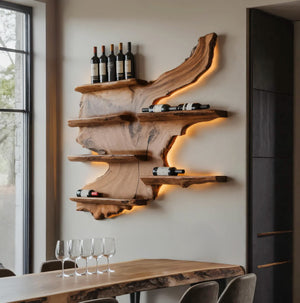 Rustic Live Edge Wine Rack Shelf With LED For Bar
