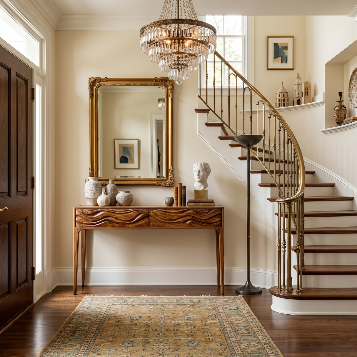 Wooden Console Table With Exquisitely Carved Front For Living Room
