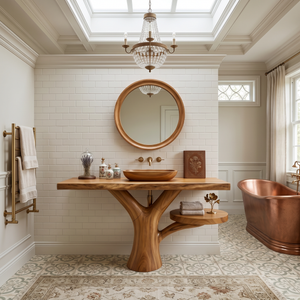 Sculptural Wood Sink Cabinet For Tropical Powder Room
