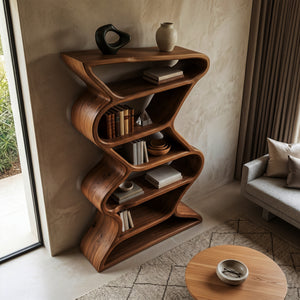 Modern Sculptural Bookshelf With Seamless Tiers For Living Room
