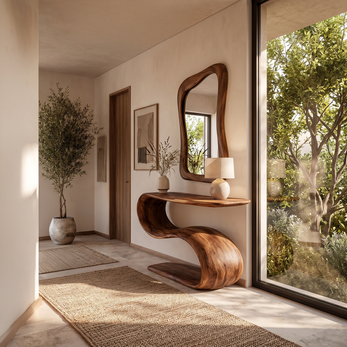 Organic Wooden Console Table With Sculptural Undulating Base For Living