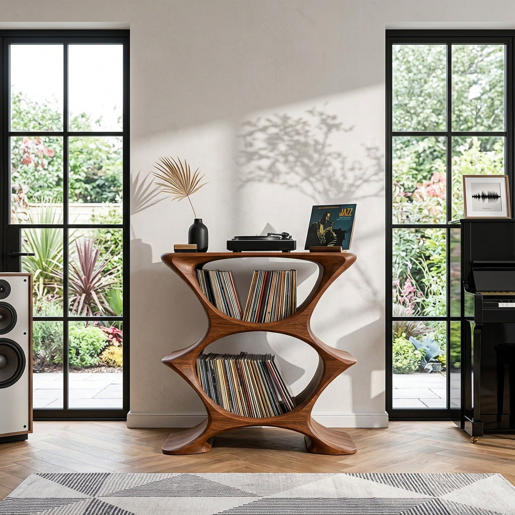 Contemporary Record Player Cabinet With 2-Tier Shelf For Living Room