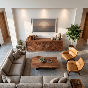 Contemporary TV Stand With Hand Carved Wave For Designer Homes