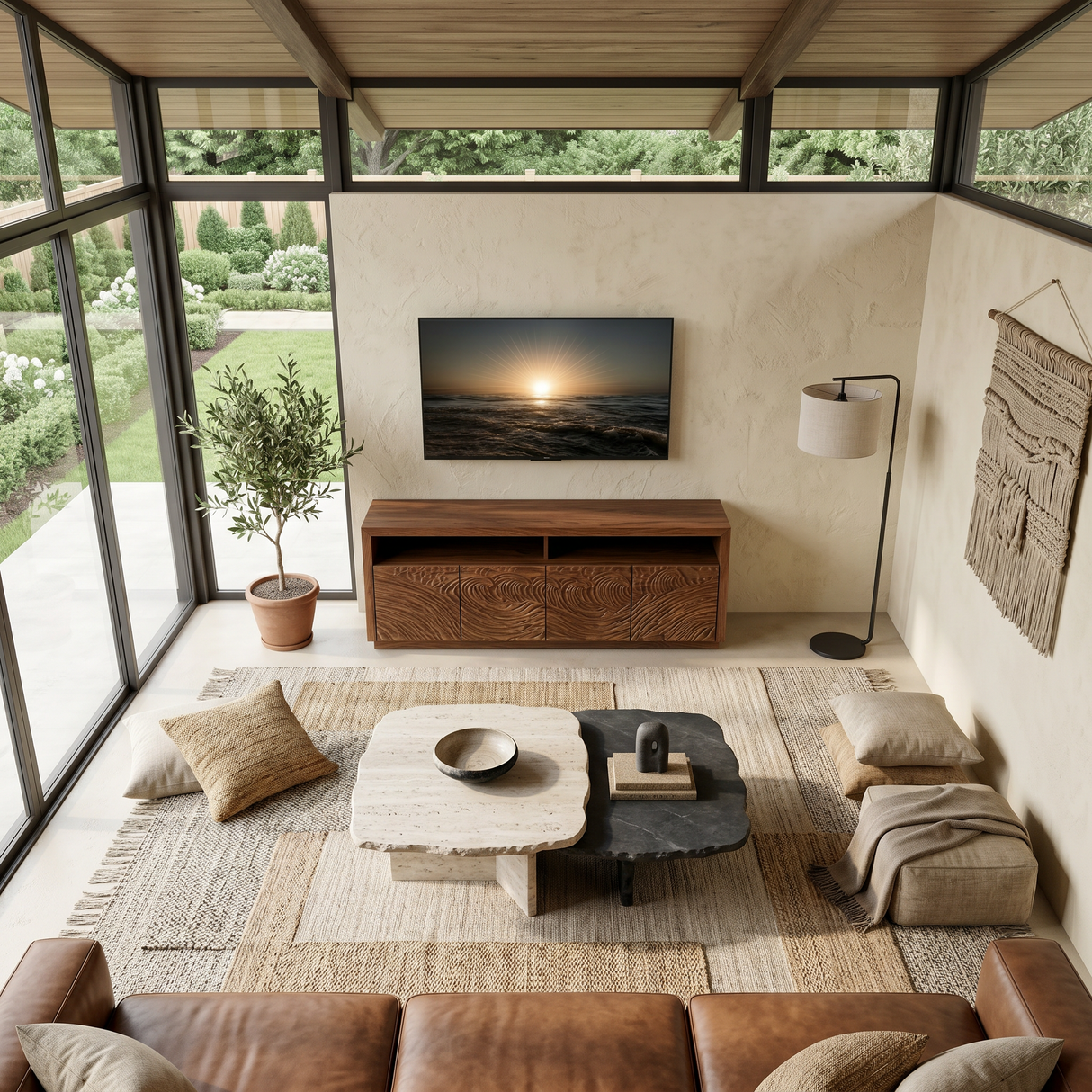 Modern Carved Wave TV Console With Open Shelf For Living