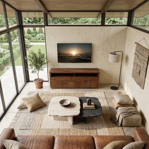 Modern Carved Wave TV Console With Open Shelf For Living