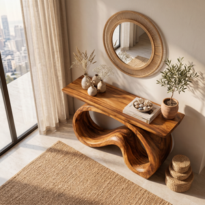 Artistic Wooden Console Table With Flowing Wood Base For Living
