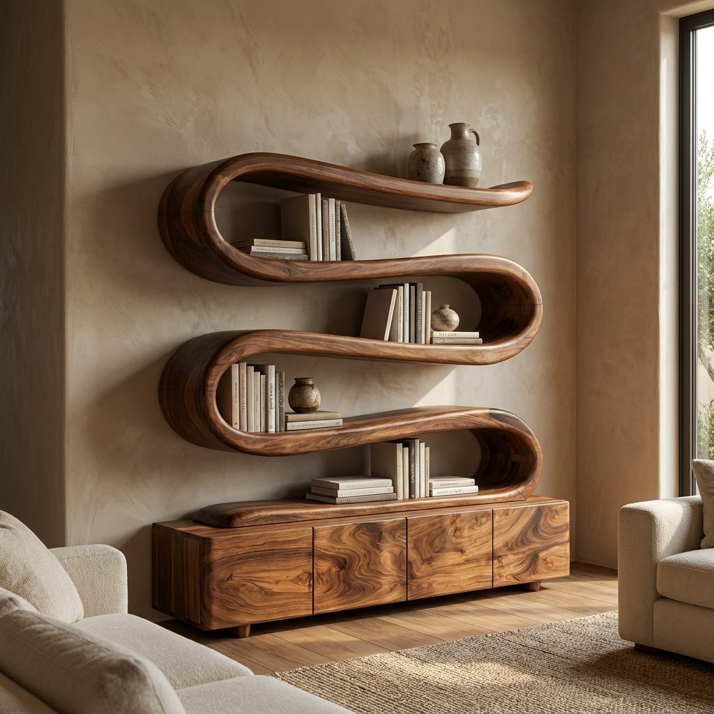Modern Abstract Bookshelf With Undulating Shelf For Living Room