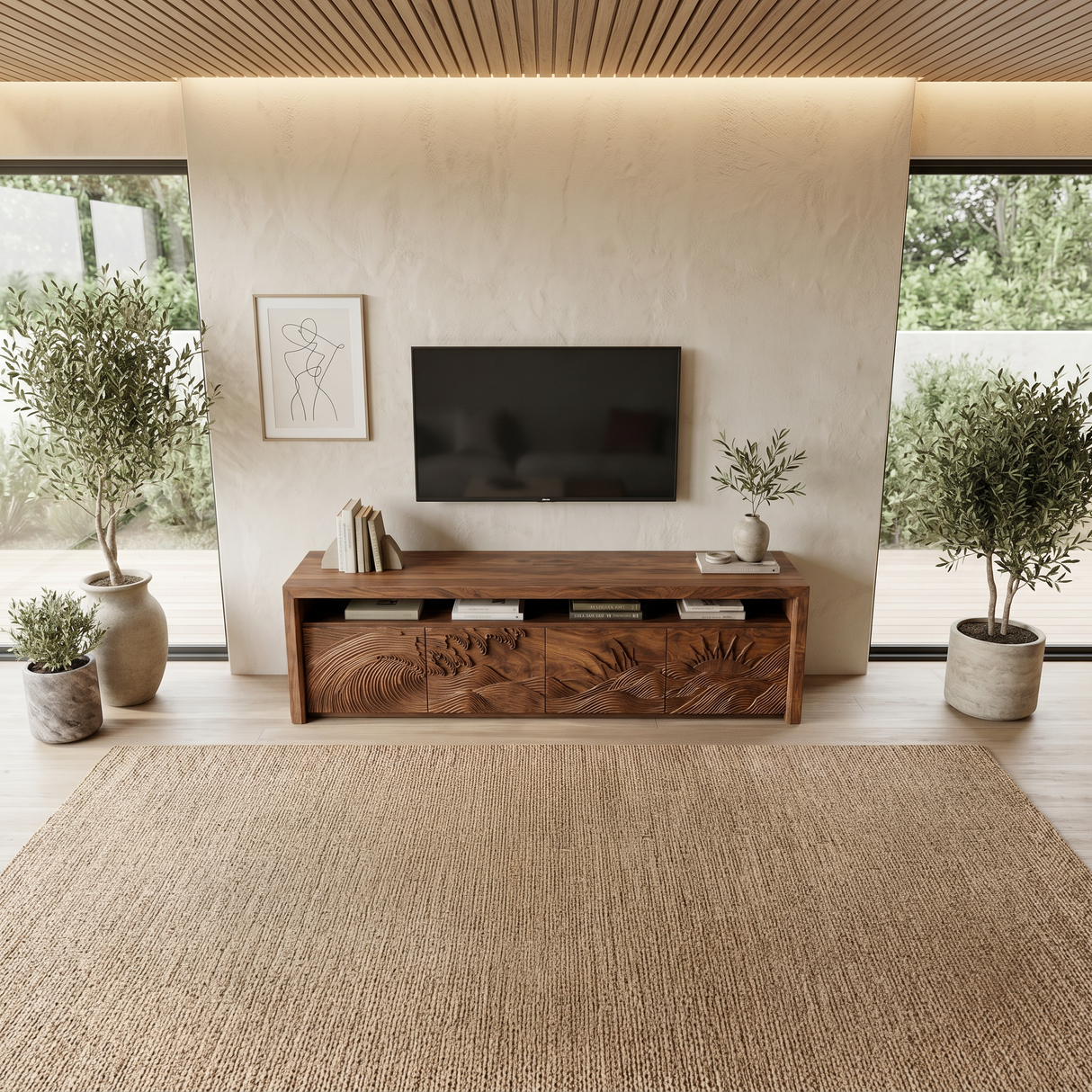 Organic TV Stand With Mountain Relief Doors For Contemporary Living