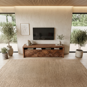 Organic TV Stand With Mountain Relief Doors For Contemporary Living