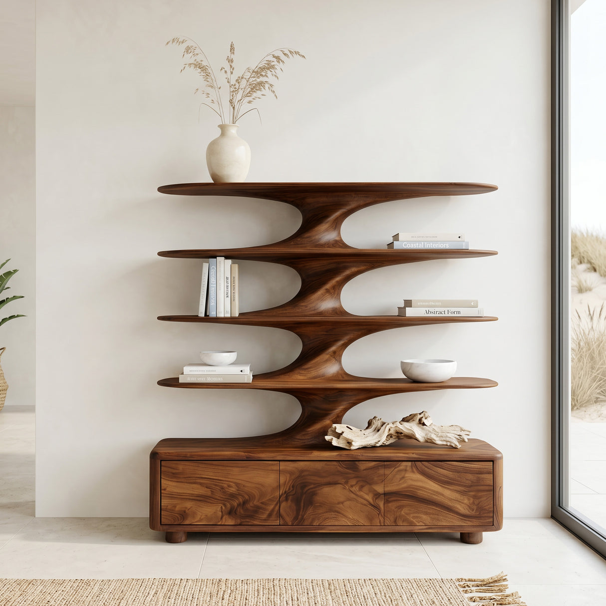 Organic Bookshelf With Twisted Tiers For Home Library