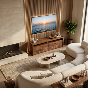 Organic TV Stand With Wave Carved Doors And Open Shelf For Home