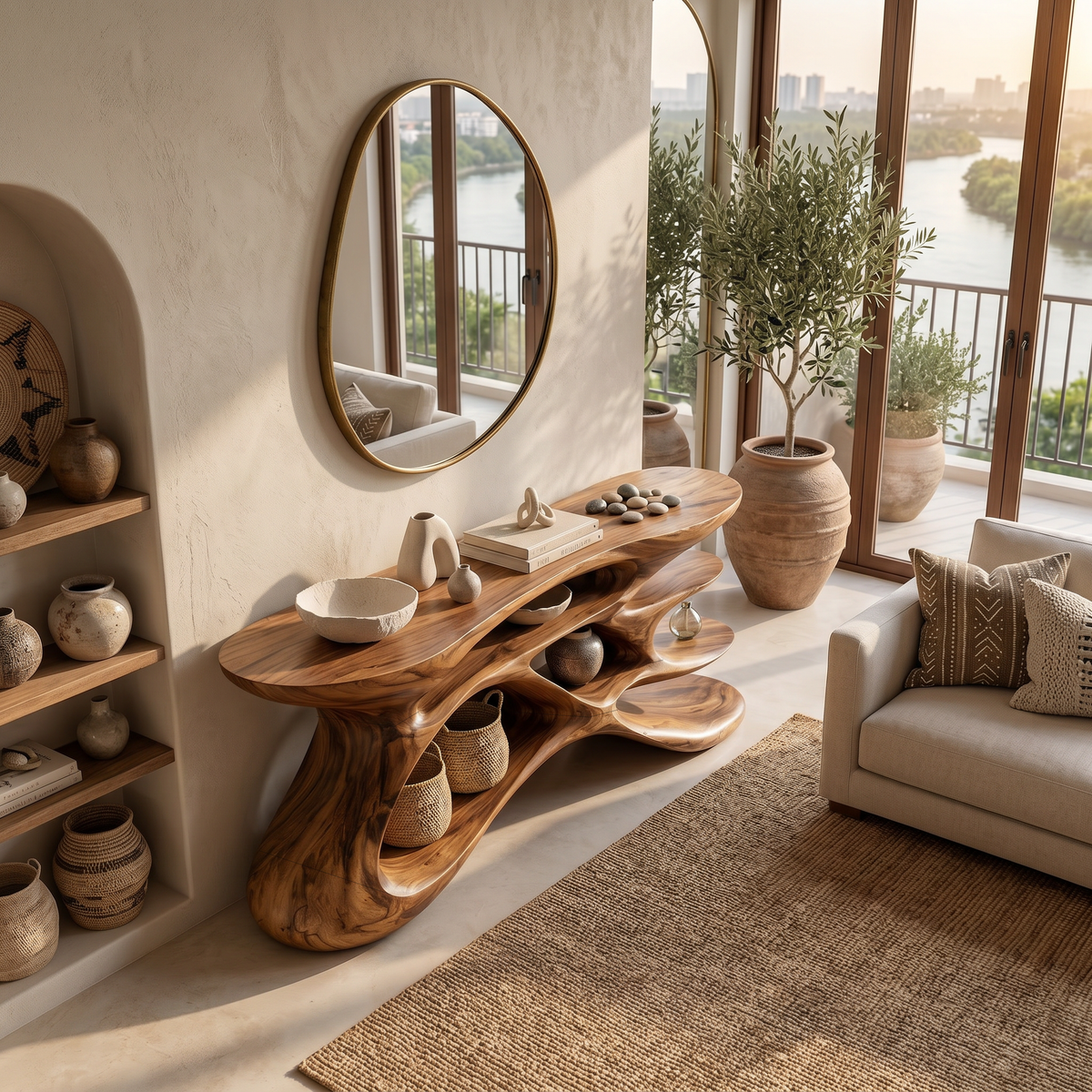 Wooden Console Table With Sculptural Form For Living Statement