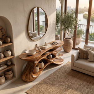 Wooden Console Table With Sculptural Form For Living Statement