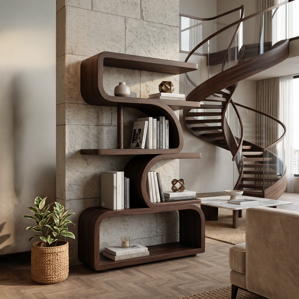Organic Curved Wooden Bookshelf For Home Decor
