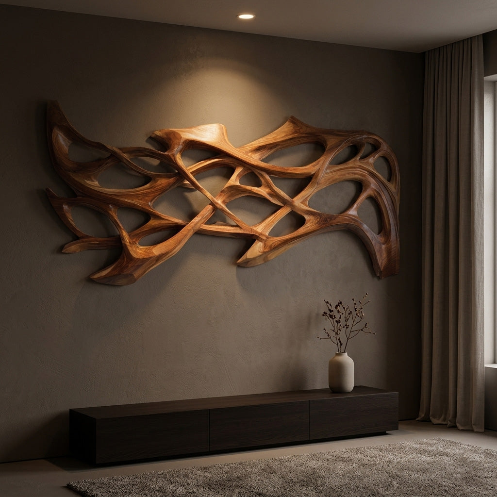 Organic Wood Wall Art Carved Design For Living Room Decor