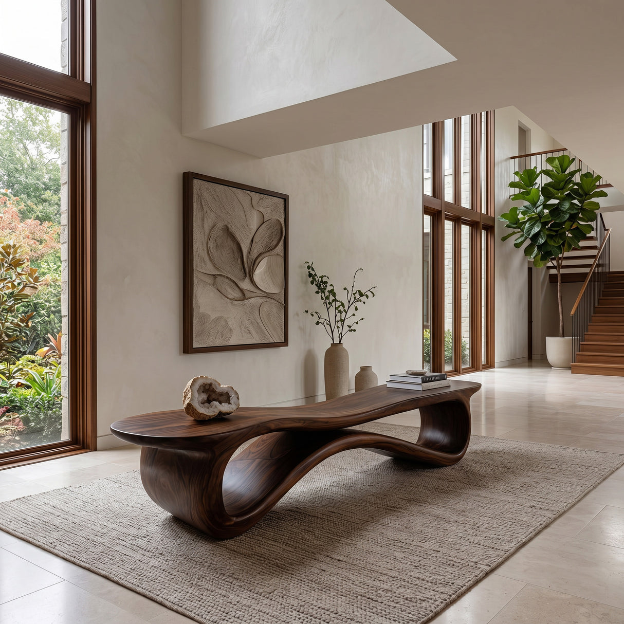 Contemporary Undulating Wooden Bench For Living Room