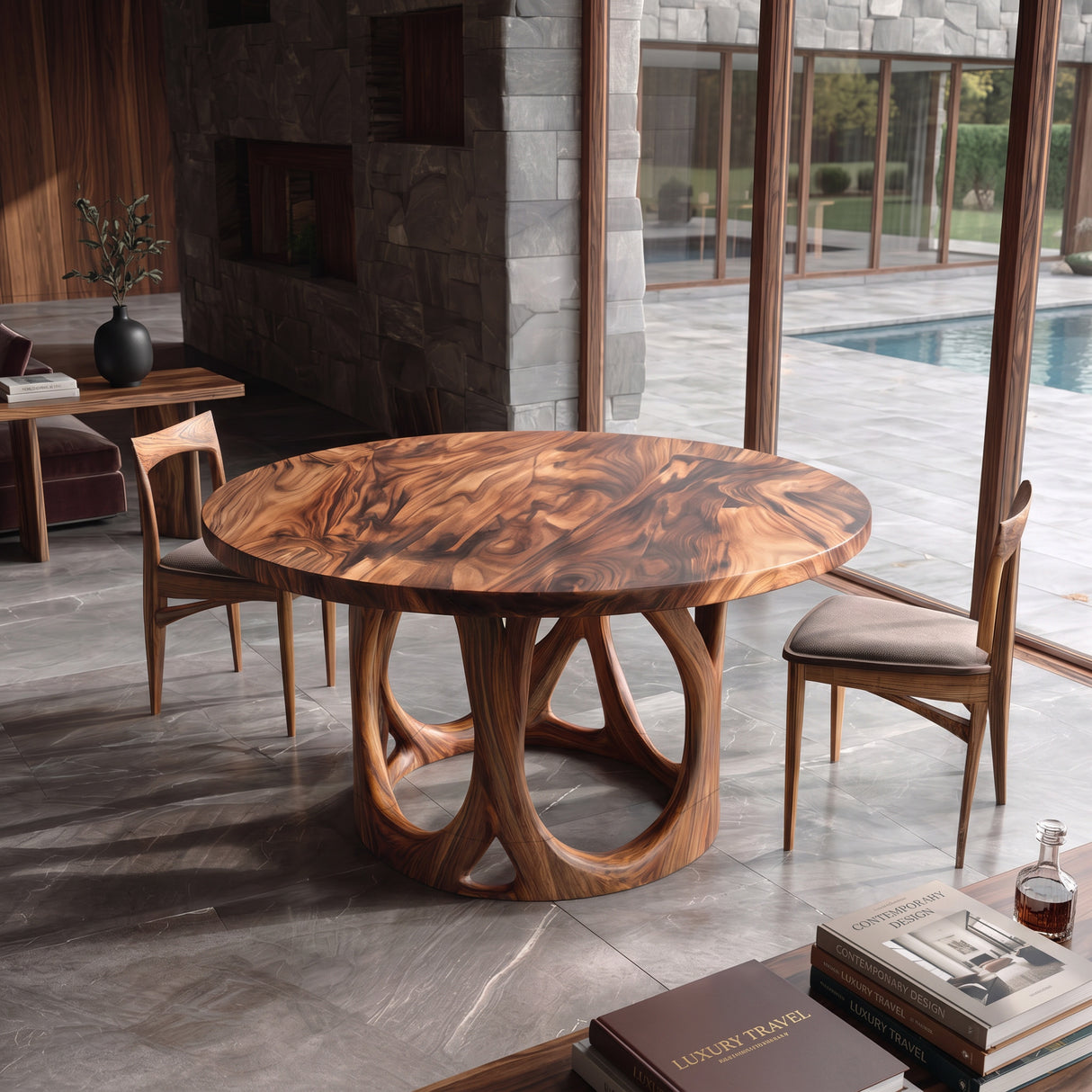 Modern Round Dining Table With Carved Sculptural Leg For Kitchen