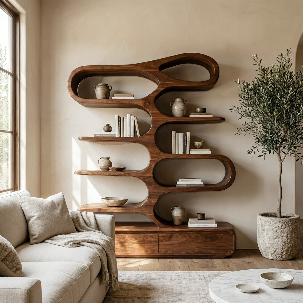 Minimalist Sculptural Bookshelf With Rounded Compartments For Reading Room