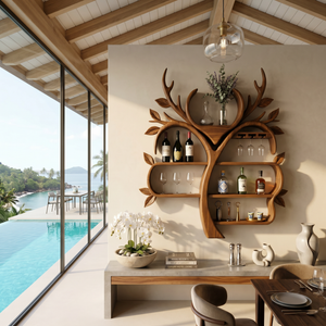 Resort Style Tree Inspired Wine Bar Shelf For Living Room