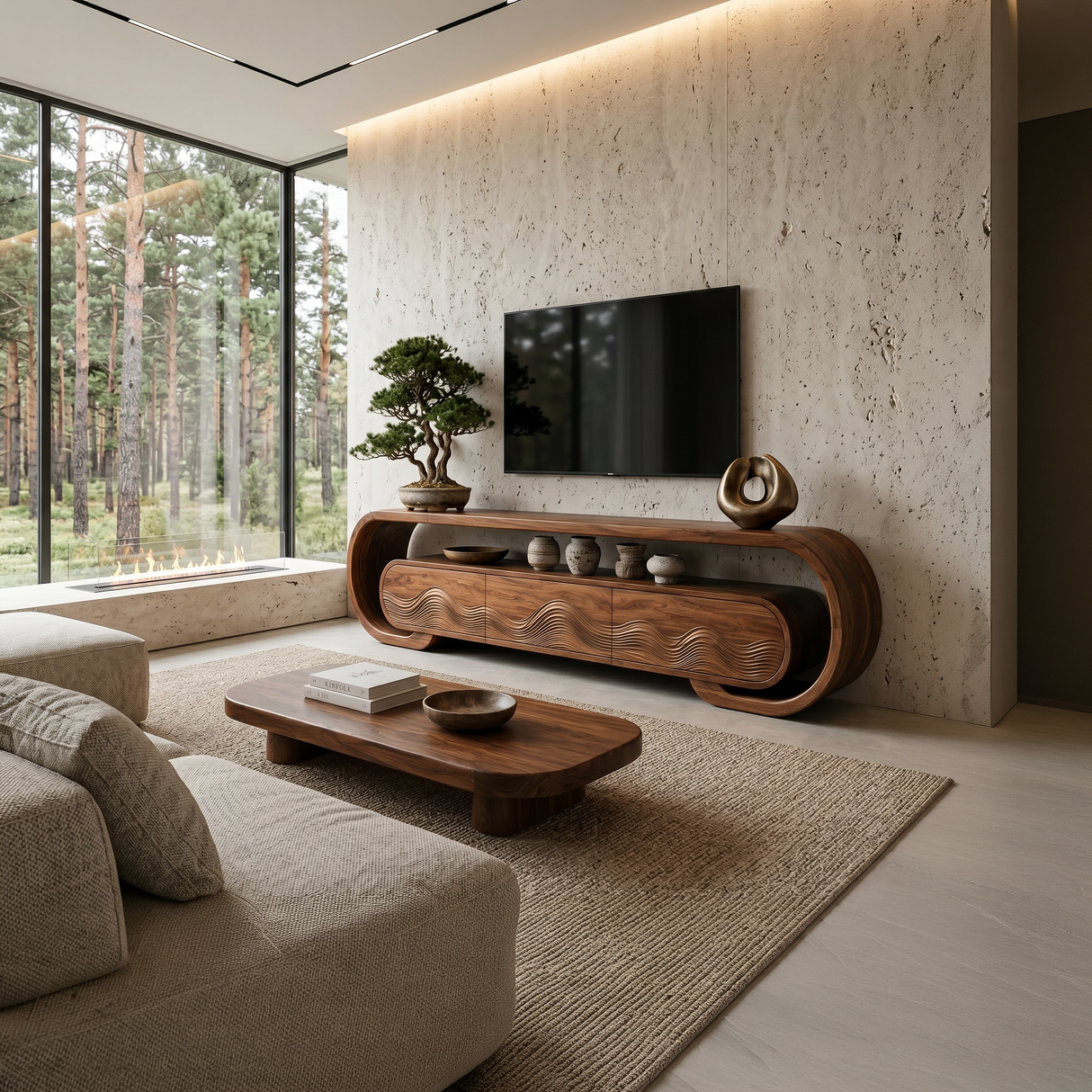 Contemporary TV Stand With Layered Wave Carved Doors For Living