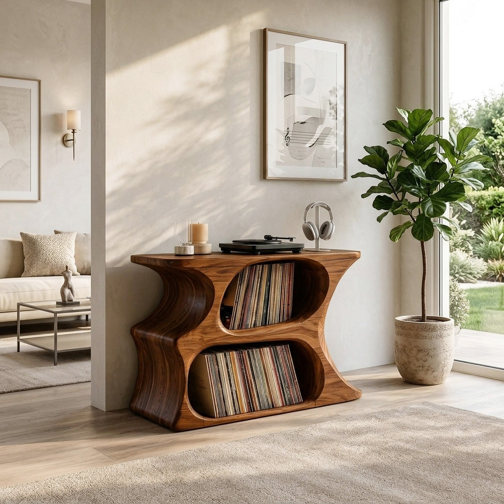 Modern Wooden Record Cabinet With Rounded Shelves For Living Room