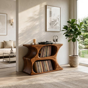 Modern Wooden Record Cabinet With Rounded Shelves For Living Room