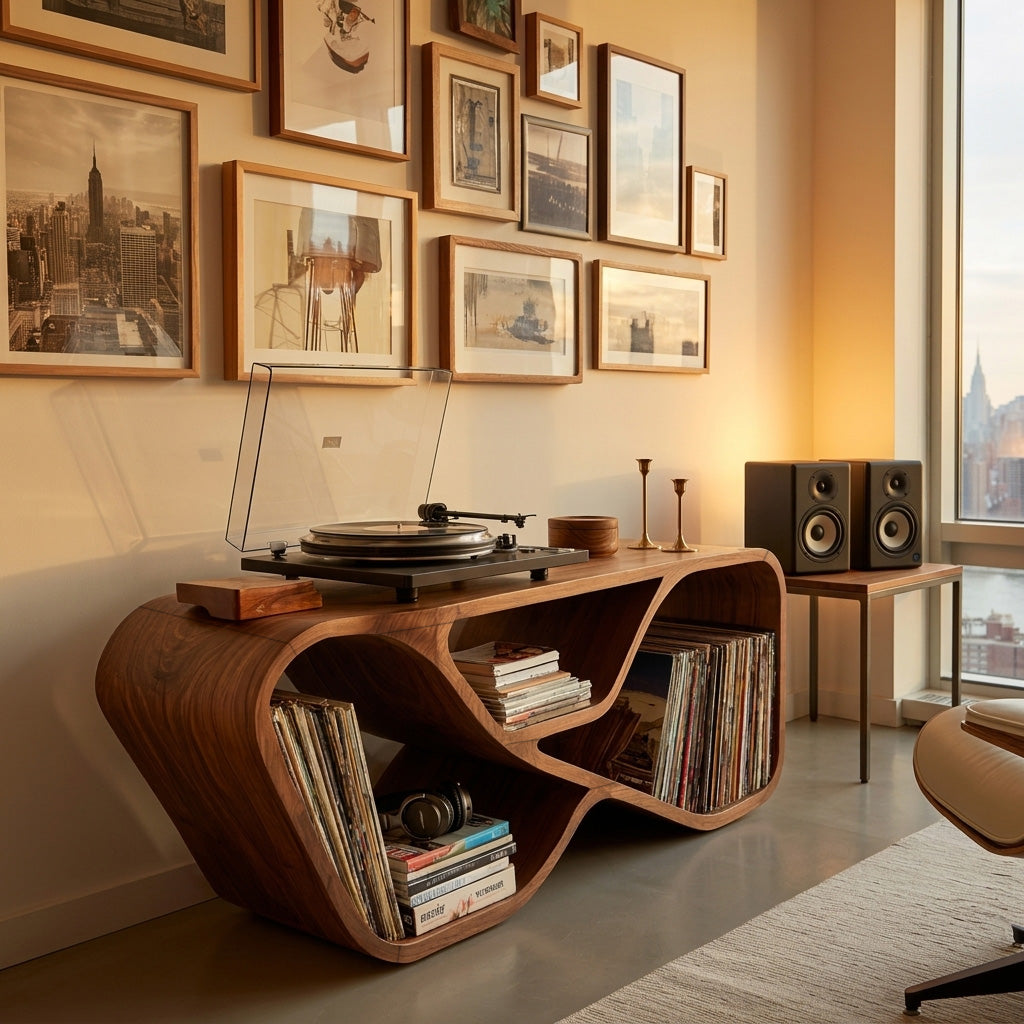 Organic Record Player Cabinet With Curved Shelving For Living Room