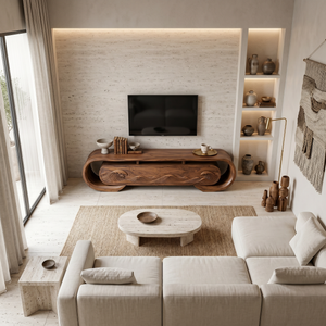 Contemporary TV Console Flowing Wave Carved Doors For Modern Interior