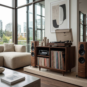 Minimalist Record Player Cabinet With Three Open Shelves For Home