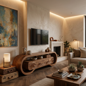 Wooden TV Stand With Carved Ocean Wave For Luxury Home