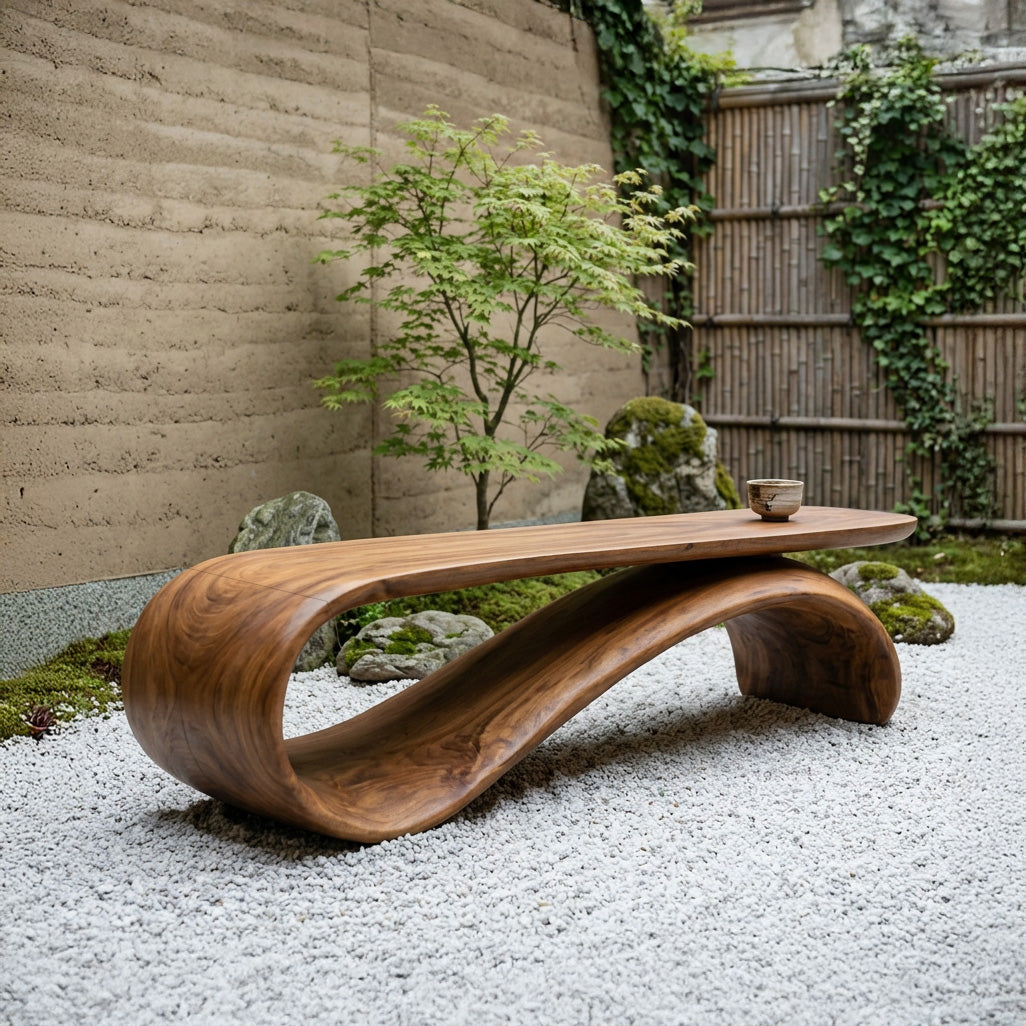 Modern Sculptural Wood Bench For Hallway Accent Decor