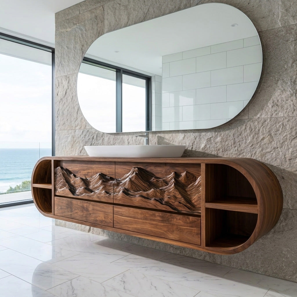 Modern Mountain Carved Floating Bathroom Vanity For Luxury Bathroom