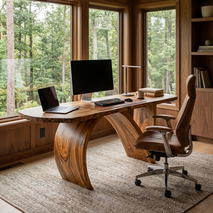 Contemporary Wooden Desk With Artistic Base For Home Workspace