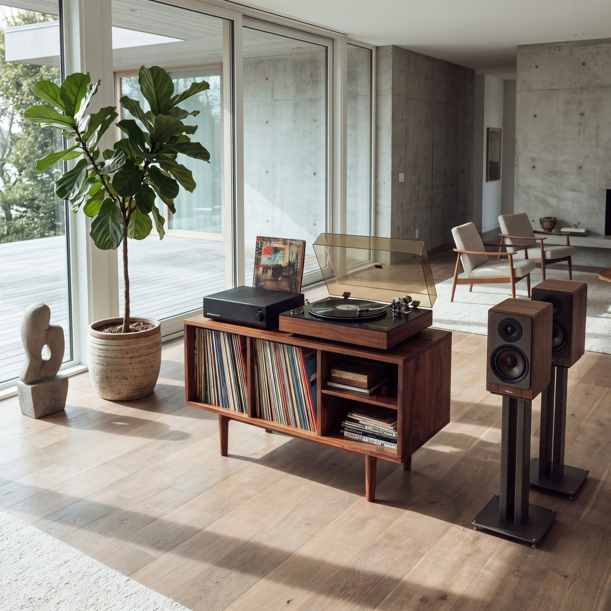 Minimalist Record Cabinet With Four Open Shelves For Interior