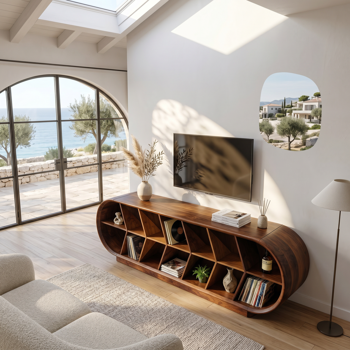 Mid Century Curved TV Stand For Luxury Suite Interior