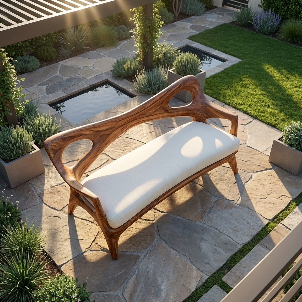 Wooden Sofa With Curved Sculptural Backrest For Living Room